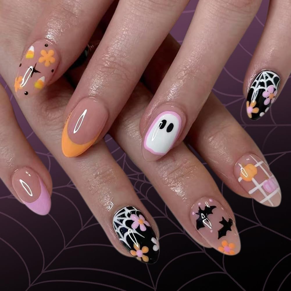 Halloween Press on Nails Short Oval Girls Fake Nails with Ghost Bat Pumpkin Blossom Cute French Design, Artificial False Nails Press Ons Glue on Nails For Women