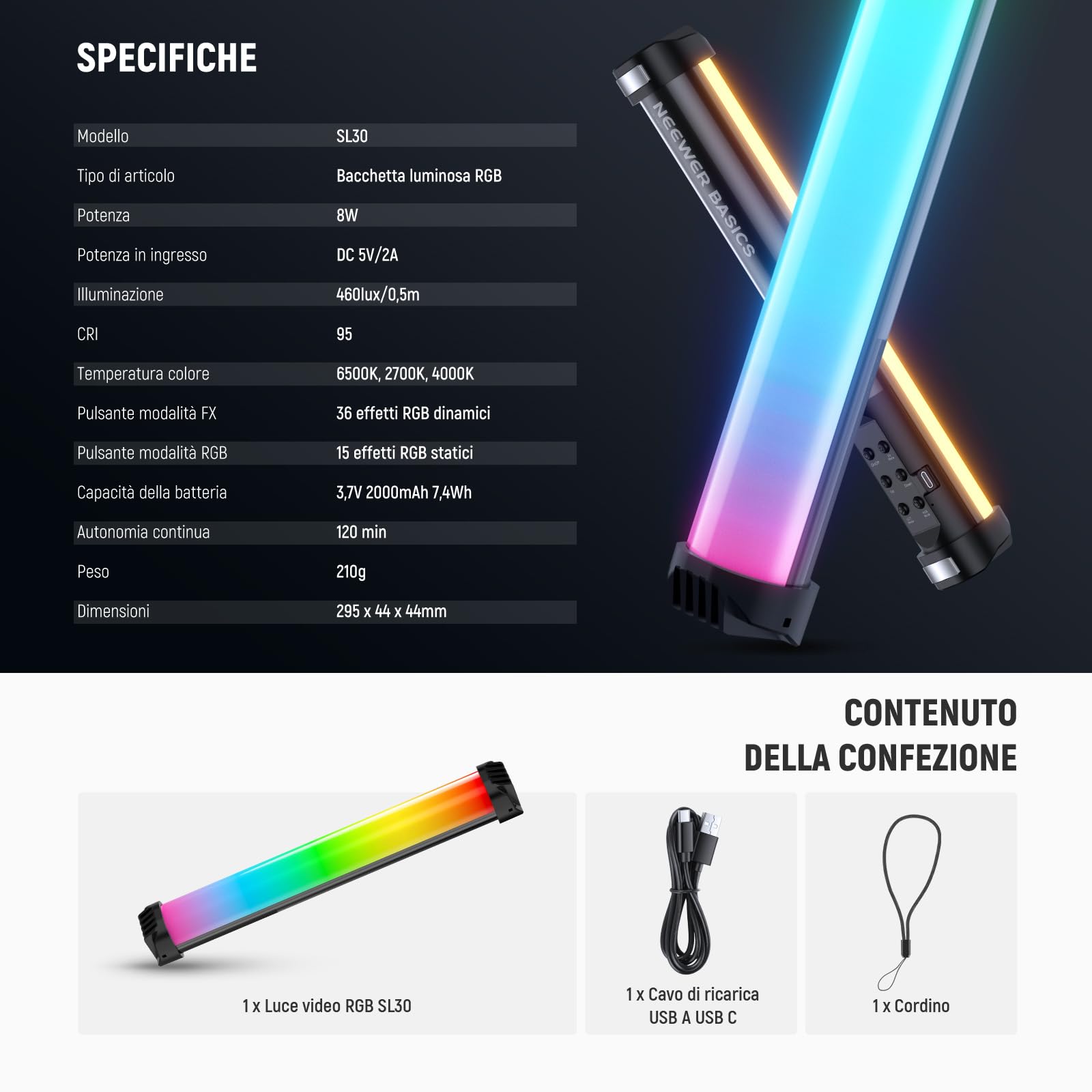NEEWER BASICS 12" Barra Luminosa RGB Magnetica, 2700K/4000K/6500K CRI95 Dimmerabile 8W Luce Tubo LED Portatile con 51 Modalità RGB 2000mAh per YouTube TikTok Fotocamera Streaming Studio Video, SL30