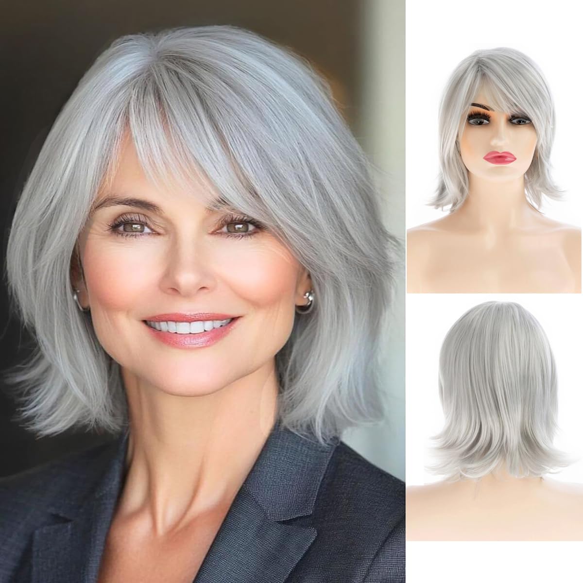 Gray Short Hair Wigs for Women Synthetic Straight Natural Looking Cosplay Wig with Bangs