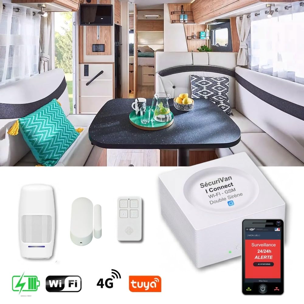 Nouveau - Alarme de Camping Car - WiFi et/ou 4G - Surveillance 24h/24h - 2 Sirènes 125 DB - 5 Détecteurs de Portes et fenêtres - 1 de Mouvement - 2 Télécommandes
