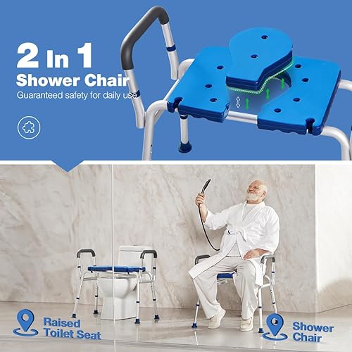 Miniatura 4 de GreenChief Silla de ducha con brazos y respaldo de 350 libras, silla de baño plegable ajustable, asiento de ducha recortado para lavado privado,
