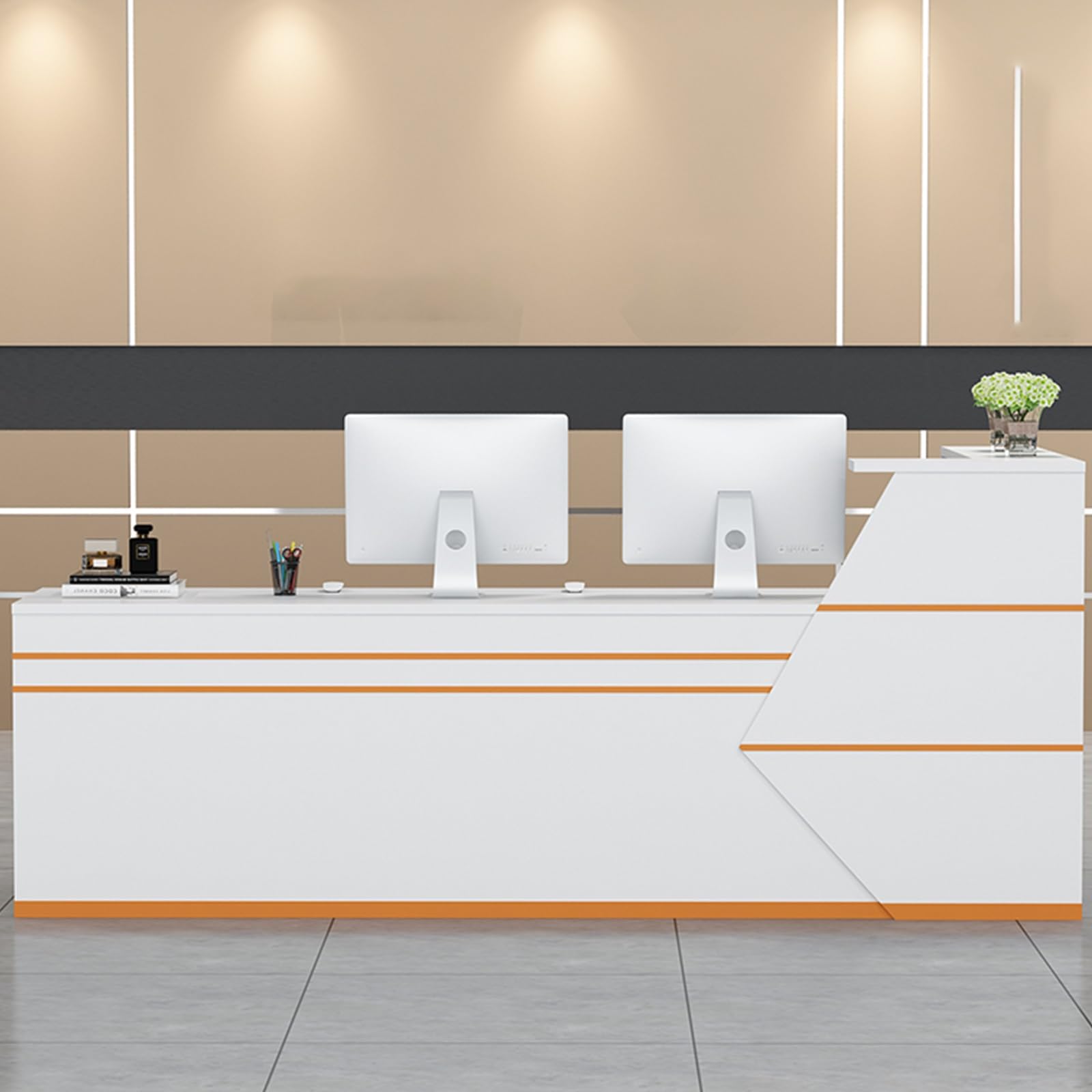 Generico Banco Reception a L con cassetto chiudibile a Chiave, ripiano a Giorno e Vassoio per Tastiera, Elegante bancone per Salone, Ufficio o Hall, Arancione, 140 cm