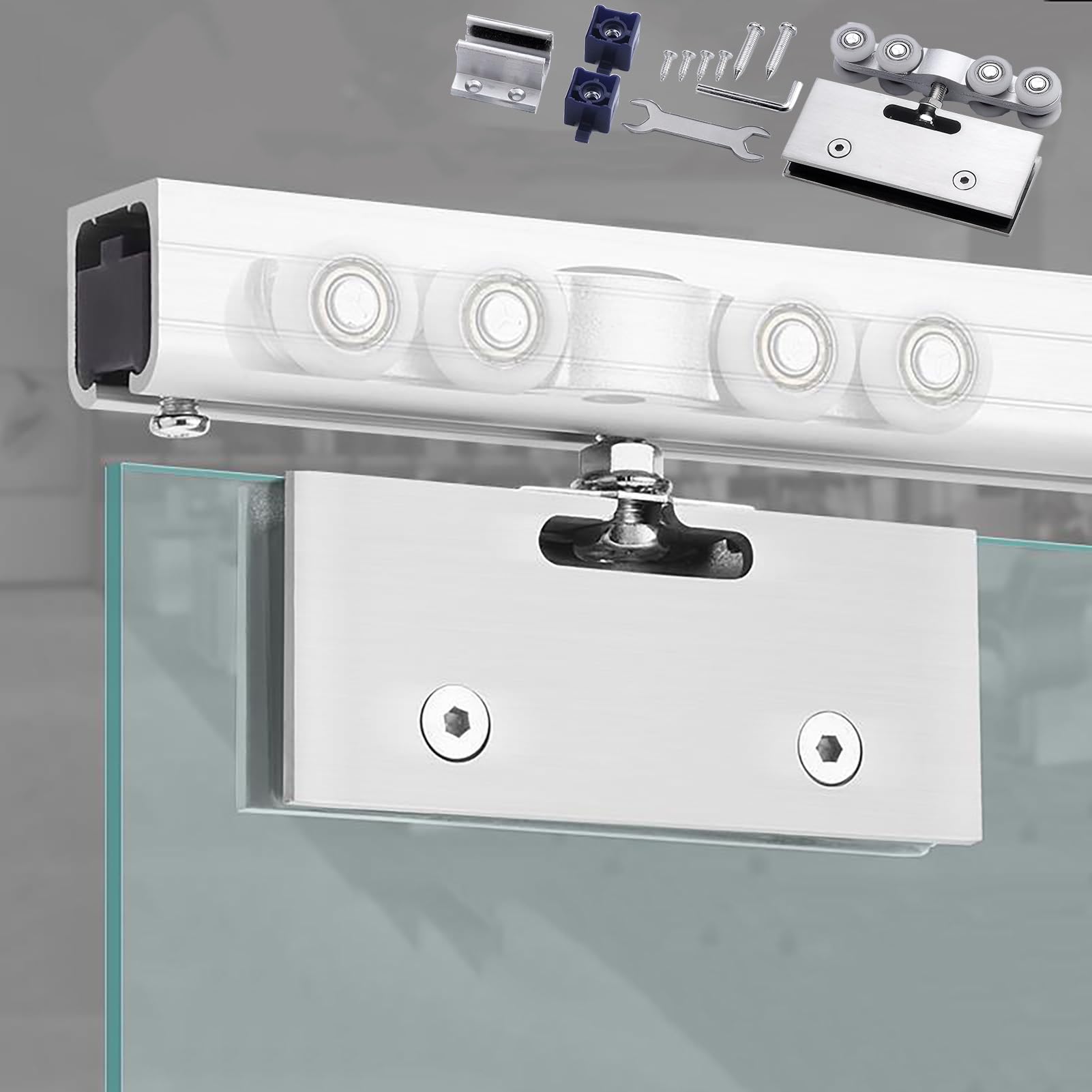 PALSINBY Sliding Glass Door Track Kit, Frameless Glass Sliding Door Kit For 10-12mm Ceiling Mount 70-400cm(Silver,190cm (6.2ft))