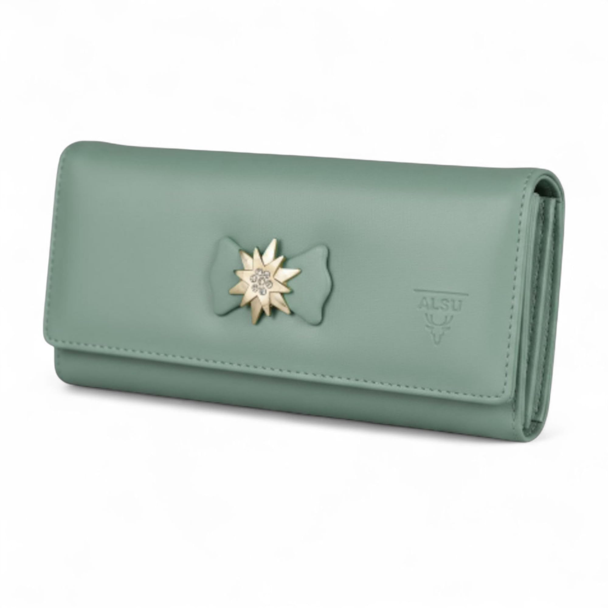ALSU Women’s Vegan Leather Wallet | Premium Clutch Purse with 6 Card Slots, 3 Compartments & 3 Zipper Pockets | Magnetic Closure, Stylish Design | Elegant Ladies Purse for Daily Use (Light Green)