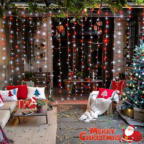 Image of JMEXSUSS 300LED Red and White Christmas Curtain Lights for Bedroom, Plug in