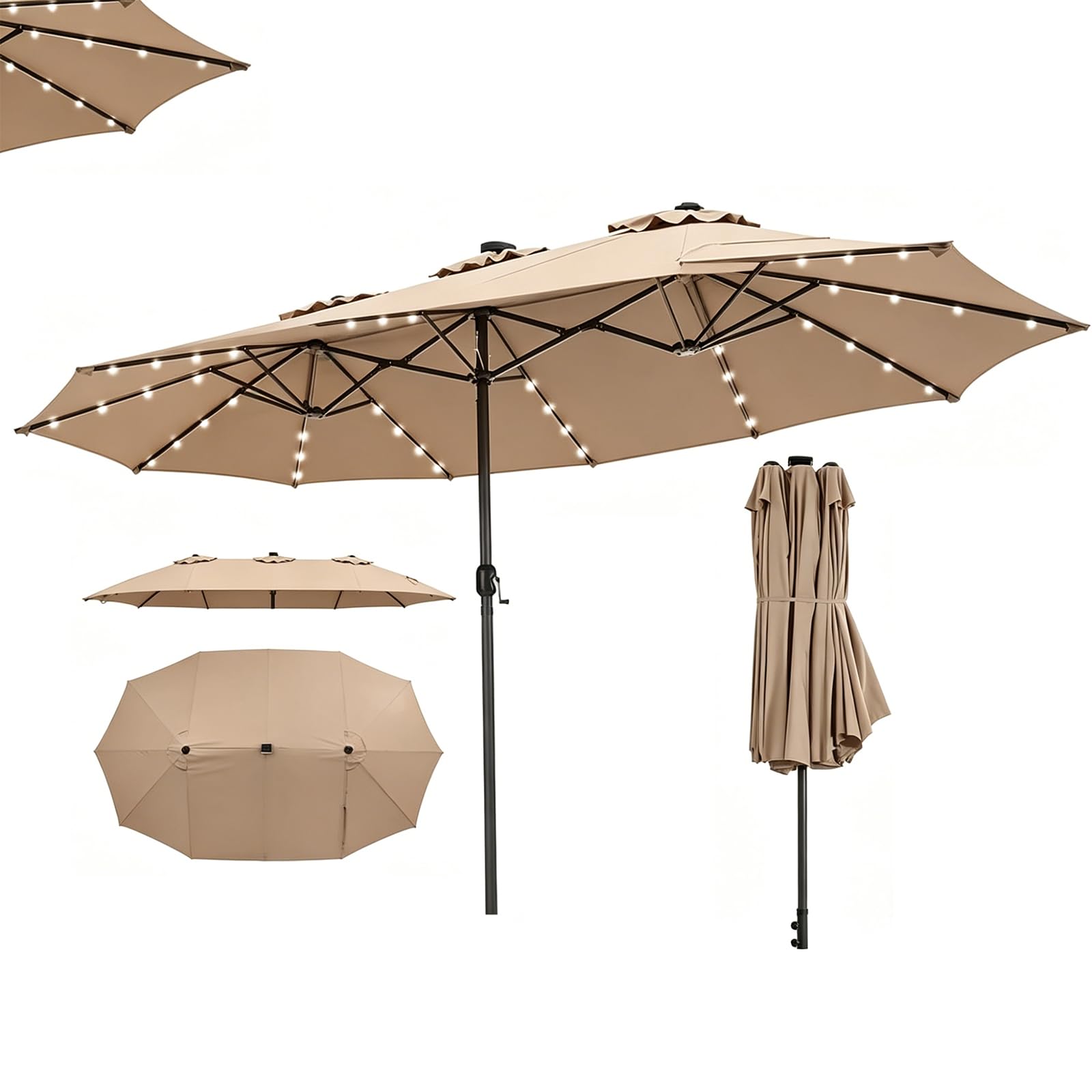 RELAX4LIFE Grand Parasol Double avec LED Solaire, Grand Parasol de Jardin Extérieur avec LED, 48 Lumières, Manivelle, Polyester Résistant, Protection Solaire, Montage Facile (Marron)