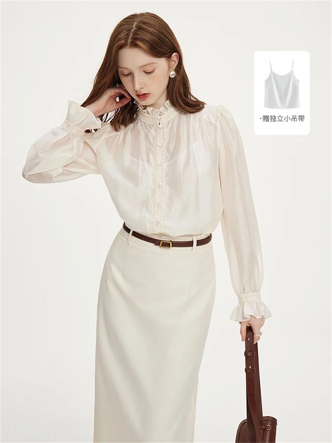 Camicie temperamento da donna con colletto alla coreana camicia a maniche lunghe gilet sottile due set camicette a maniche a sbuffo