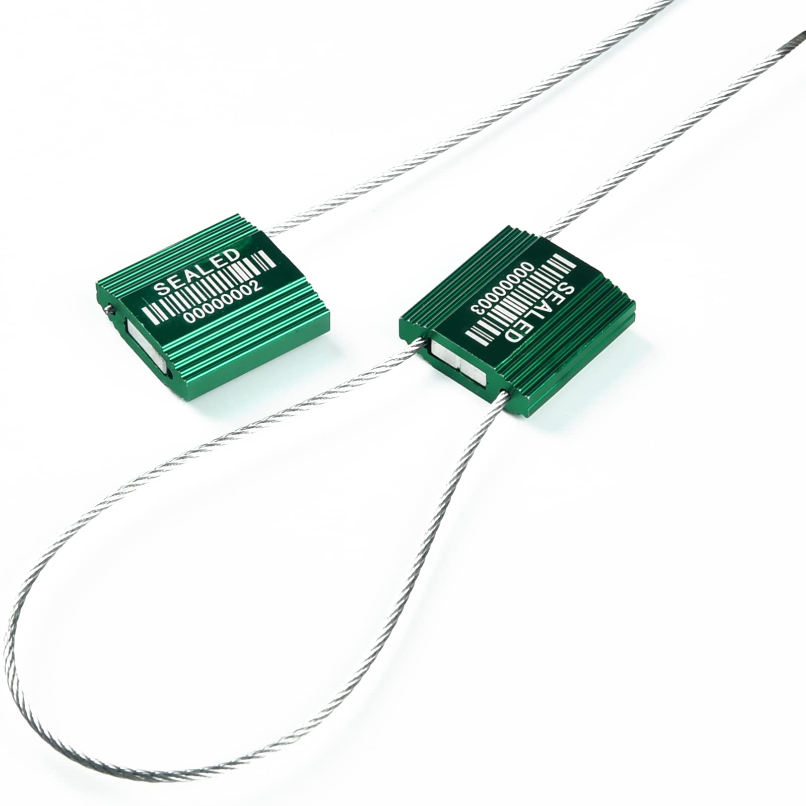 100 Green Steel Cable Seals With Barcode - High Security Numbered Truck Anti-Tamper Pull Tite Tags - Metal Container Shipping Self-Locking Safety Ties ISO 17712