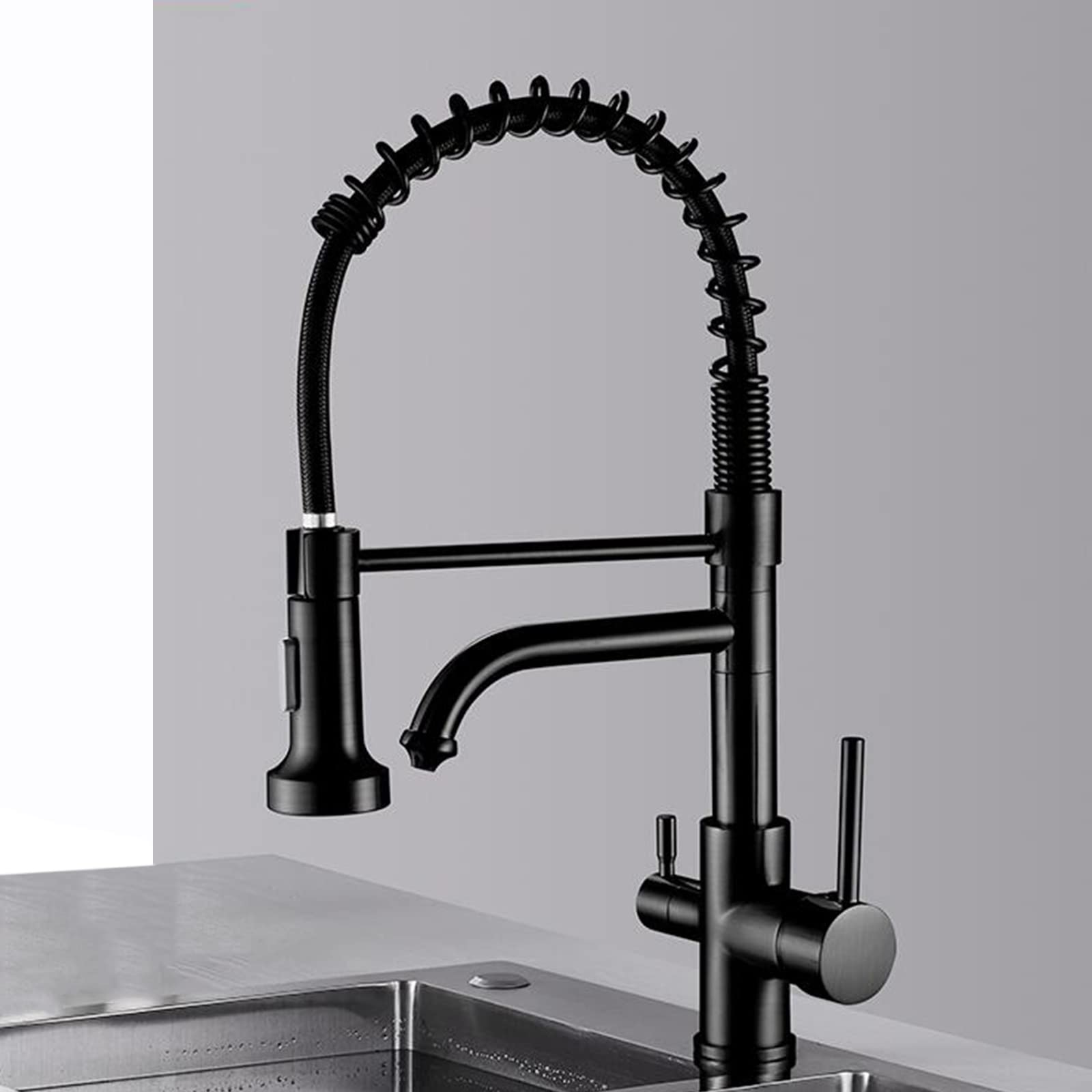 WDSOPK 3 way water filter tap kitchen drinking taps brass swivel spring type cold water hot water straight drinking water 3 in 1 water purifier tap-brushed (Black A)