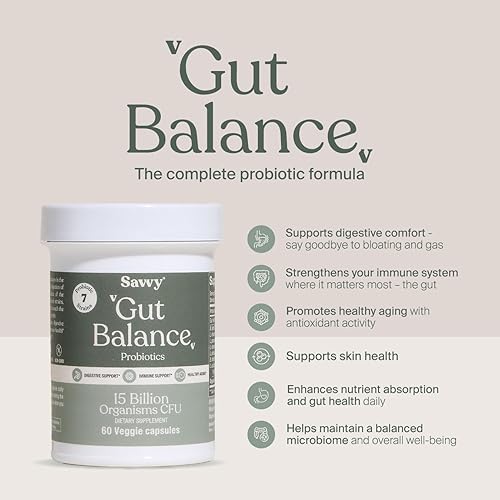 Miniatura 3 de SAVVY Probióticos de equilibrio intestinal para mujeres y hombres, 15 mil millones de UFC, 7 cepas clínicamente estudiadas, salud digestiva, apoyo
