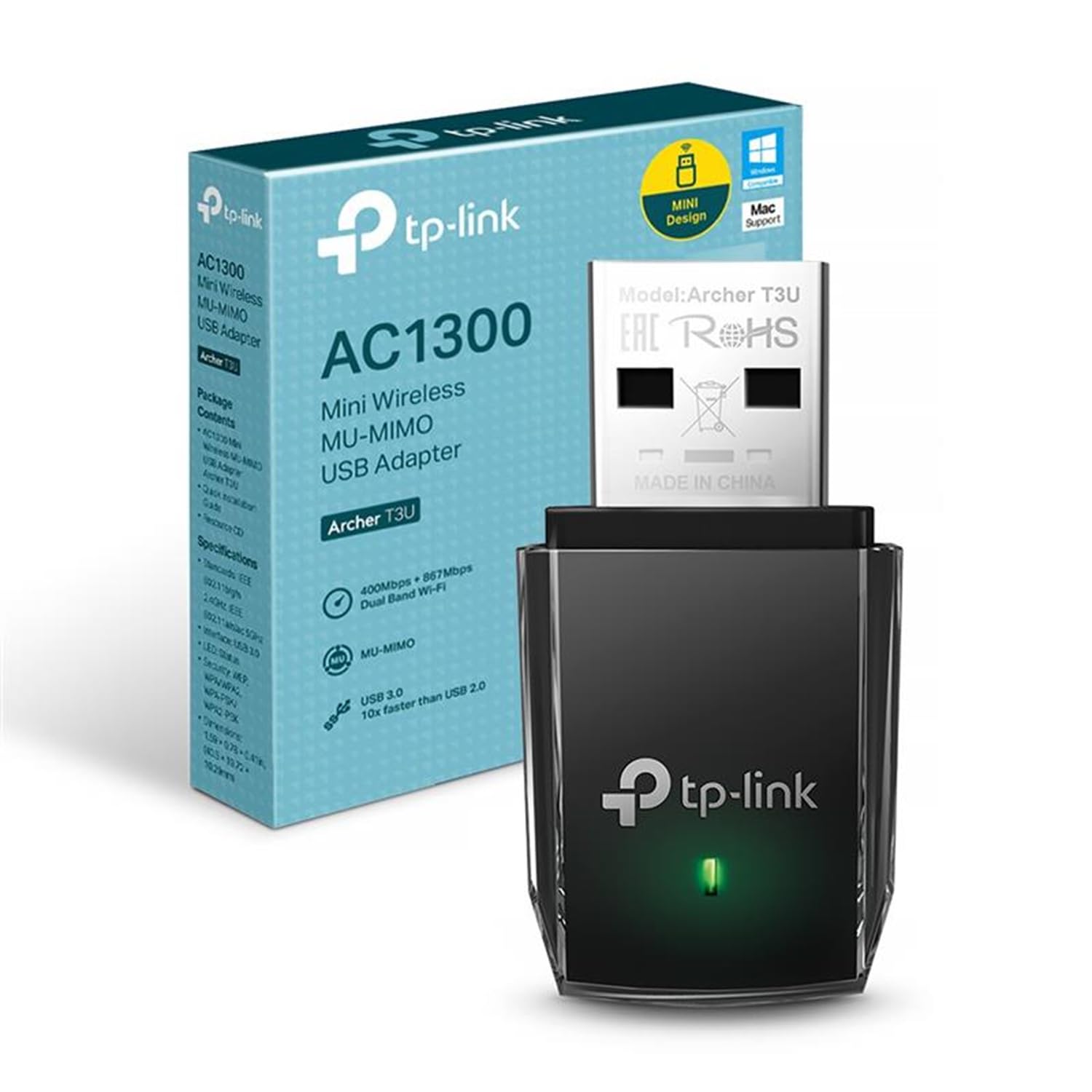 Archer T3U 1300 Mbps High Gain Wireless Dual-Band USB WiFi Dongle, 3dBi Dual Omni Directional Antenna, WiFi Adapter for PC Supports Windows 11/8.1/8/7/XP, Mac OS, Linux