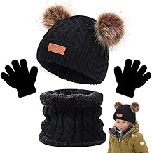 Mineup 3-in-1 Children's Winter Hat Scarf Gloves Set, Girls Winter Beanie Hat Scarf Gloves Set for Girls 1-5 Years (Black)