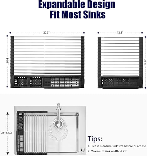 Miniatura 3 de CLNGAI Escurridor de platos enrollable, escurridor de platos extensible sobre el fregadero, estante de cocina de acero inoxidable con soporte para