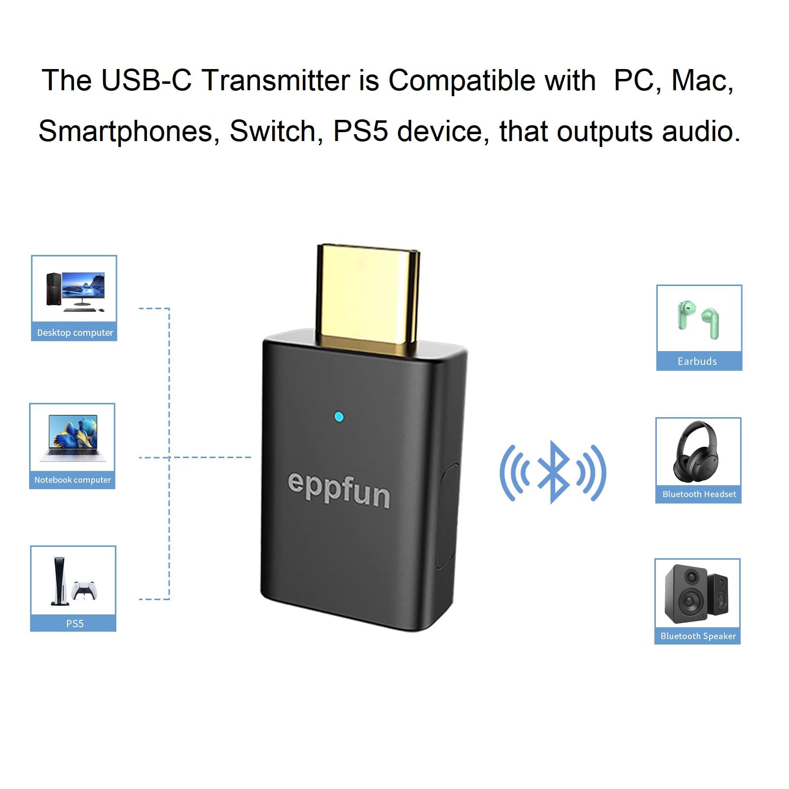eppfun Bluetooth 5.4 Clé USB-C Audio Adaptateur Dongle pour PC PS5, avec Micro Séparé, Le Audio/APTX-Lossless Adaptive sans Fil Transmetteur pour Écouteur/Enceinte (Uniquement Audio)