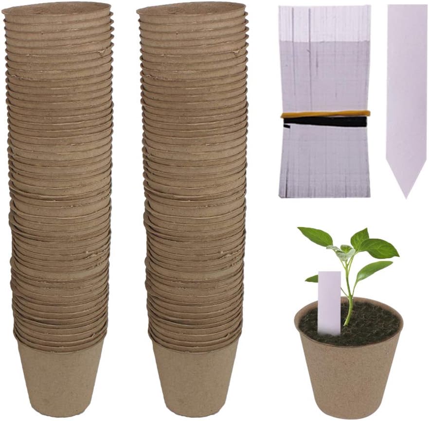 100 Pack 3.15" Round Biodegradable Peat Pots Plant Seedling Saplings & Herb Seed Starters Kit with 100 Pcs White Plastic Plant Labels