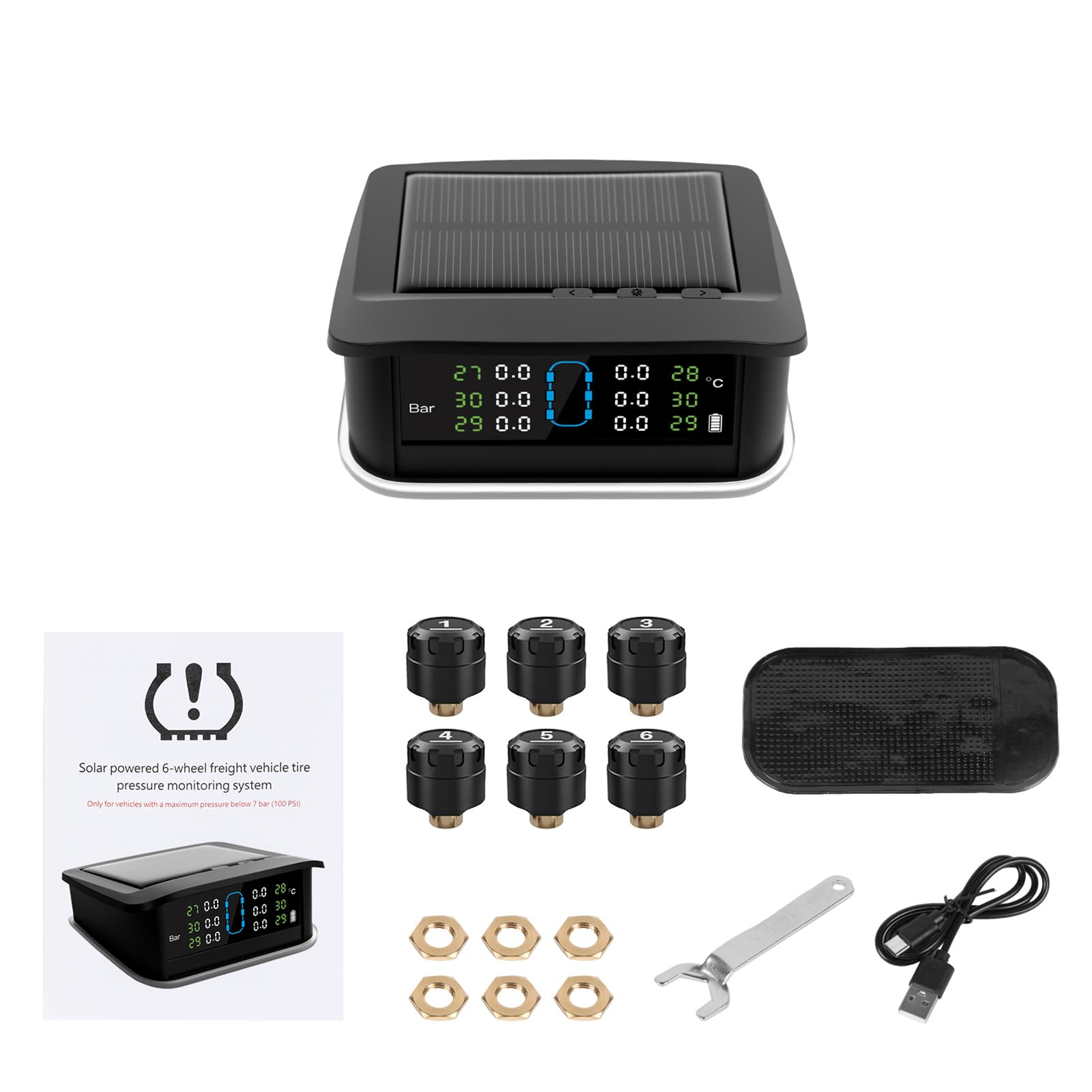Keenso di Monitoraggio della Pressione dei Pneumatici, TPMS Solare con 6 Sensori Esterni, Retroilluminazione a Due Colori Blu Rosso, Visualizzazione in Tempo Reale per, Camion,