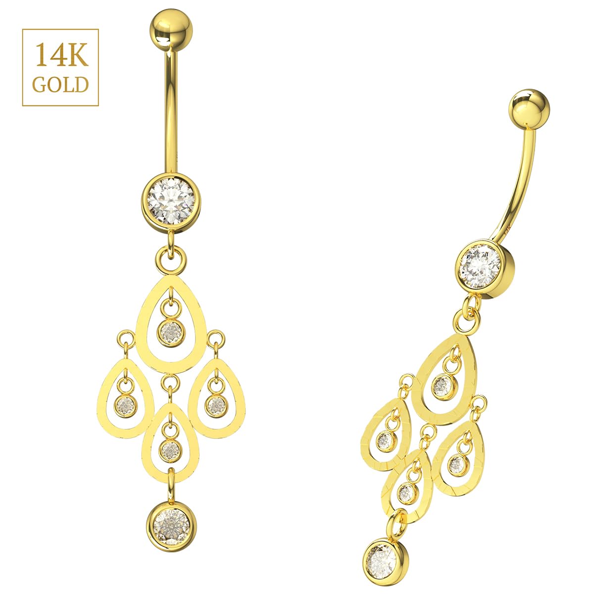 Monster Piercing Azario Londres 14 K oro amarillo sólido claro CZ piedra multi lágrima araña colgante barra barriga plátano piercing joyería