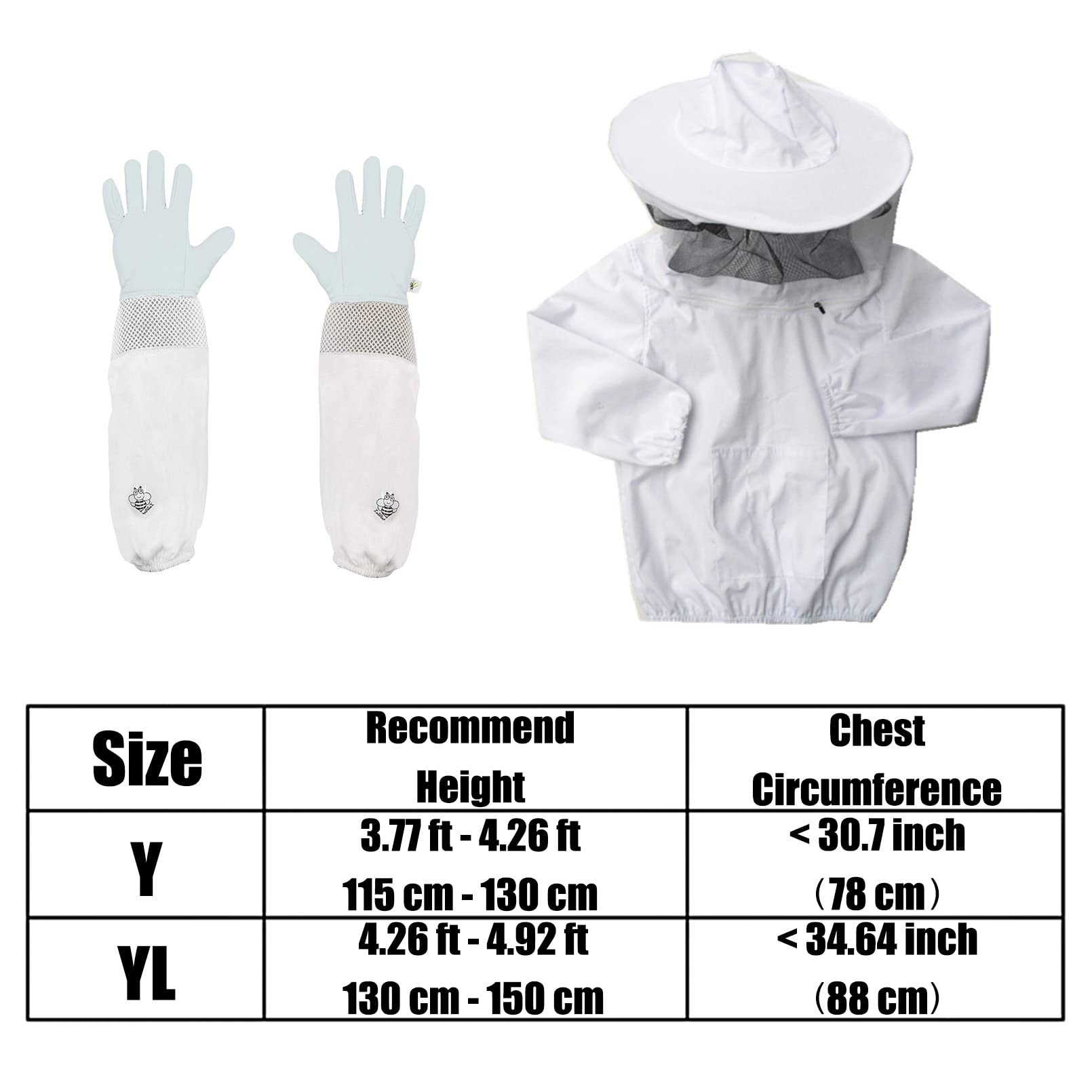 Luwint Giacca e guanti da apicoltura per bambini, velo ventilato, giacca protettiva da apicoltura con guanti in pelle di capra per apicoltura, per bambini (altezza 10,2 - 10,2 cm)