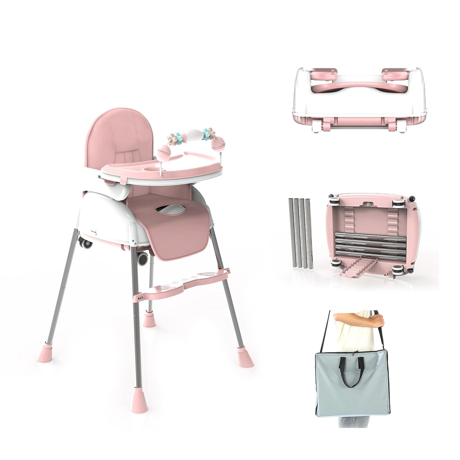 4 in 1 Portable Baby High Chair with Carrying Bag and Removable Tray,Foldable Travel High Chair ?Portable and Easy to Clean.(Pink) No storage rack pink