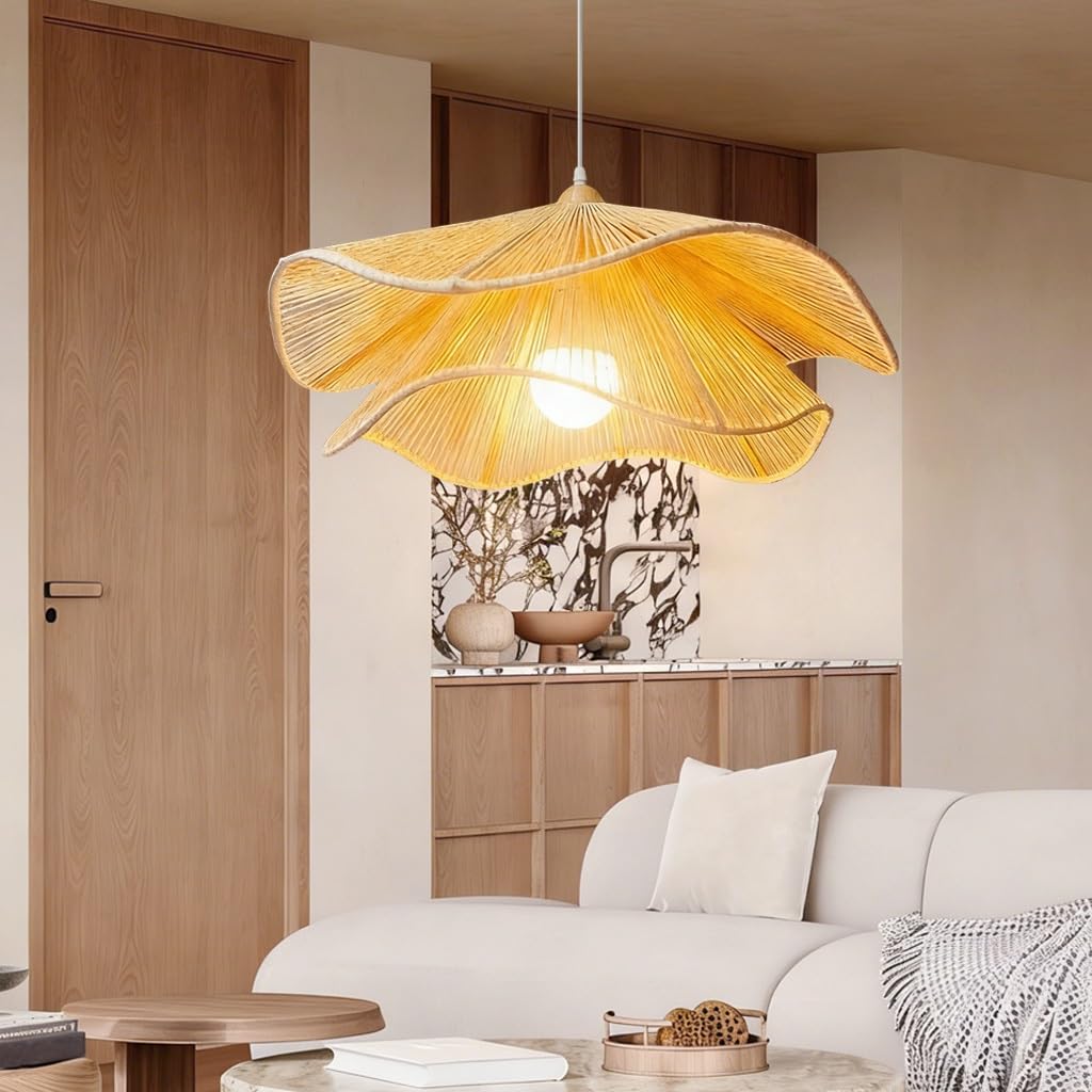 JOJOM Boho Rattan Chandelier Nordic Pendant Lamp Hand Woven Pendant Light Creativity Farmhouse Style Beige White for Kitchen Bedroom Dining Room Living Room Hallway Foyer(A,50cm)