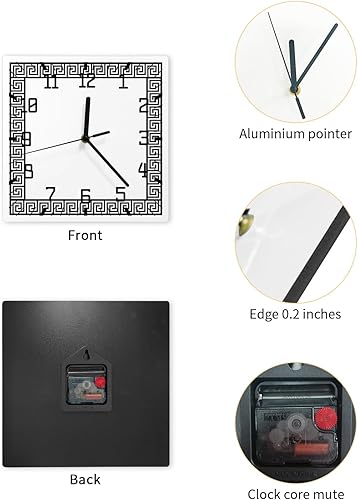 Miniatura 2 de Reloj de pared de madera geométrico negro, silencioso, sin tictac, diseño de llave griega, tradicional, retro, blanco, cuadrado, funciona con pilas,