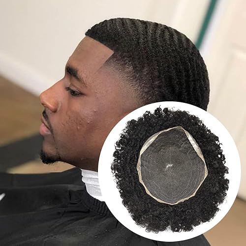 Miniatura 1 de FACE MIRACLE Afro Toupee para hombres negros, 100 % cabello humano transparente, repuesto de encaje completo, sistema de cabello ondulado