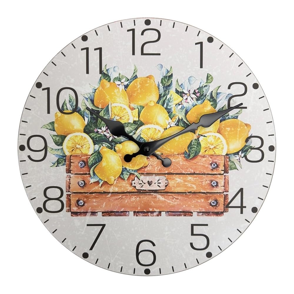 Reloj de pared de madera con diseño de limón amarillo de 12 pulgadas