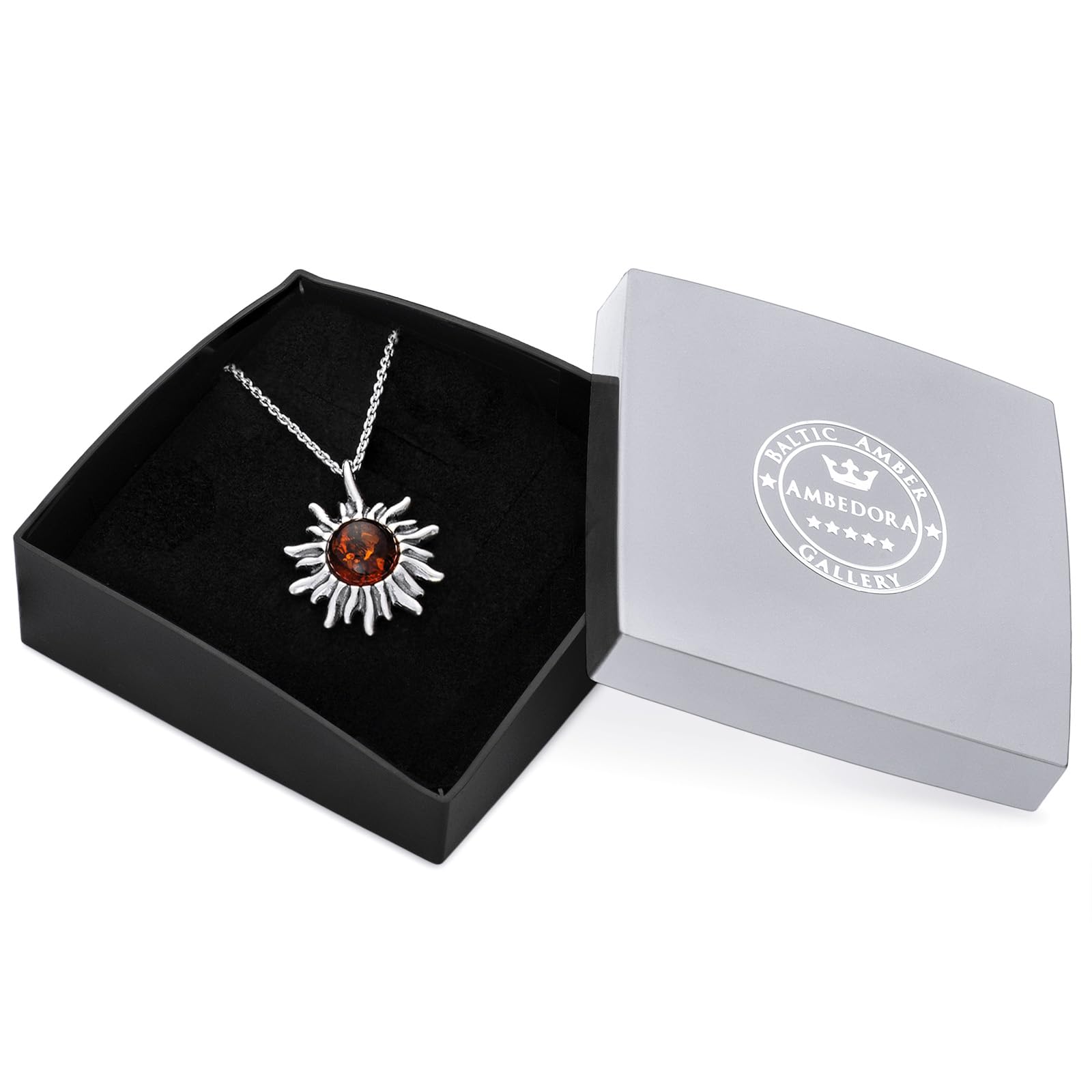 Collana Donna Piccolo Sole Con Ambra, Argento Sterling Ossidato, Ambra Baltica Rotonda Color Cognac, Ciondolo in Argento con Catenella