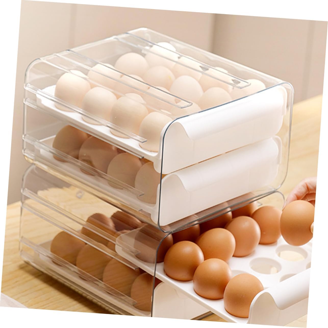 Cabilock Double Layer Egg Storage Organizer with Slots Refrigerator Safe Egg Dispenser for Freshness Deep Slots to Prevent Rolling for Fridge and Pantry Use