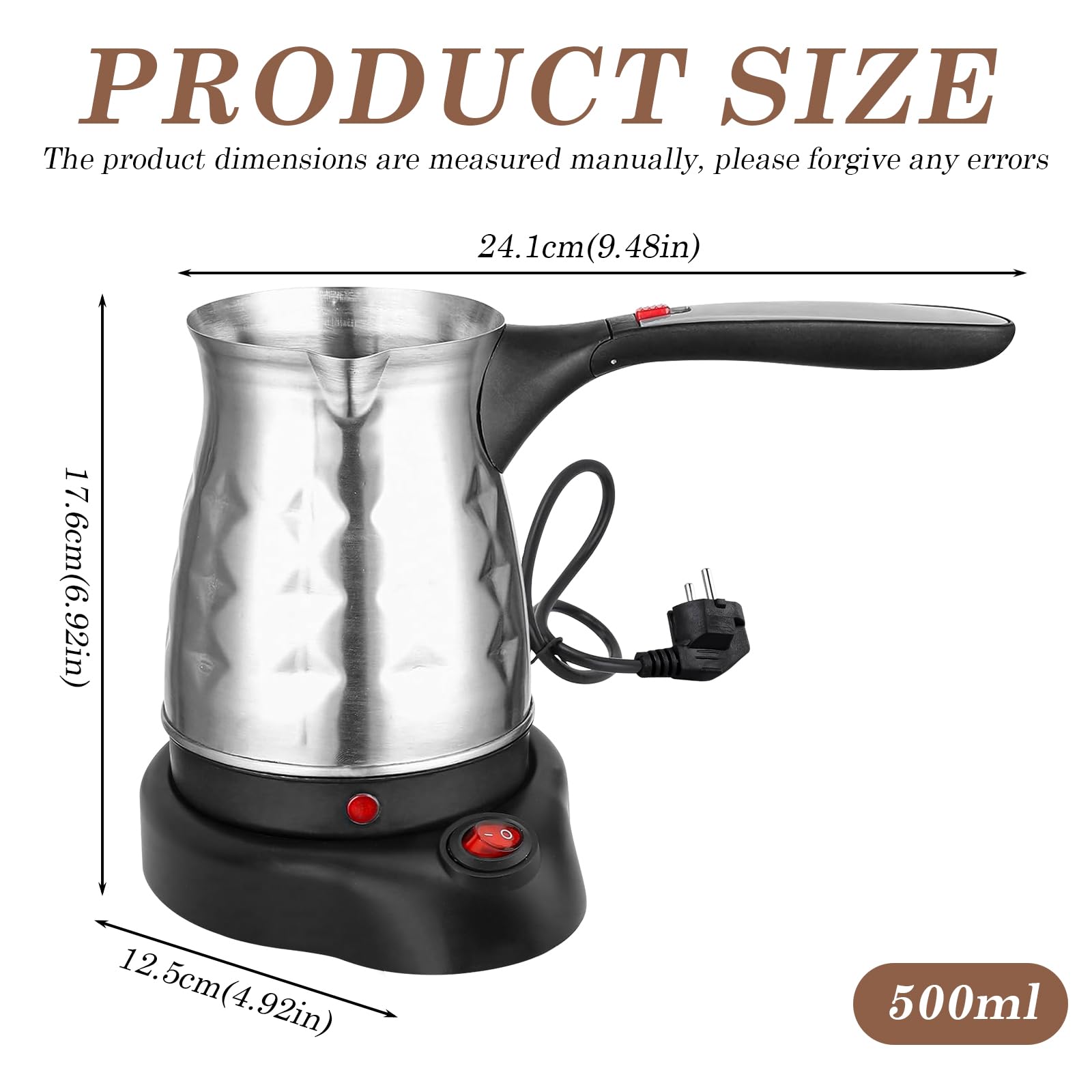 SUNOYA Elektrische Türkische Kaffeemaschine Mit Griff, 500ml Elektrische Kaffeekanne, Elektrische Kaffeemaschine, Türkische Kaffeekanne, Espressokocher Induktion Mit Edelstahl Reisen
