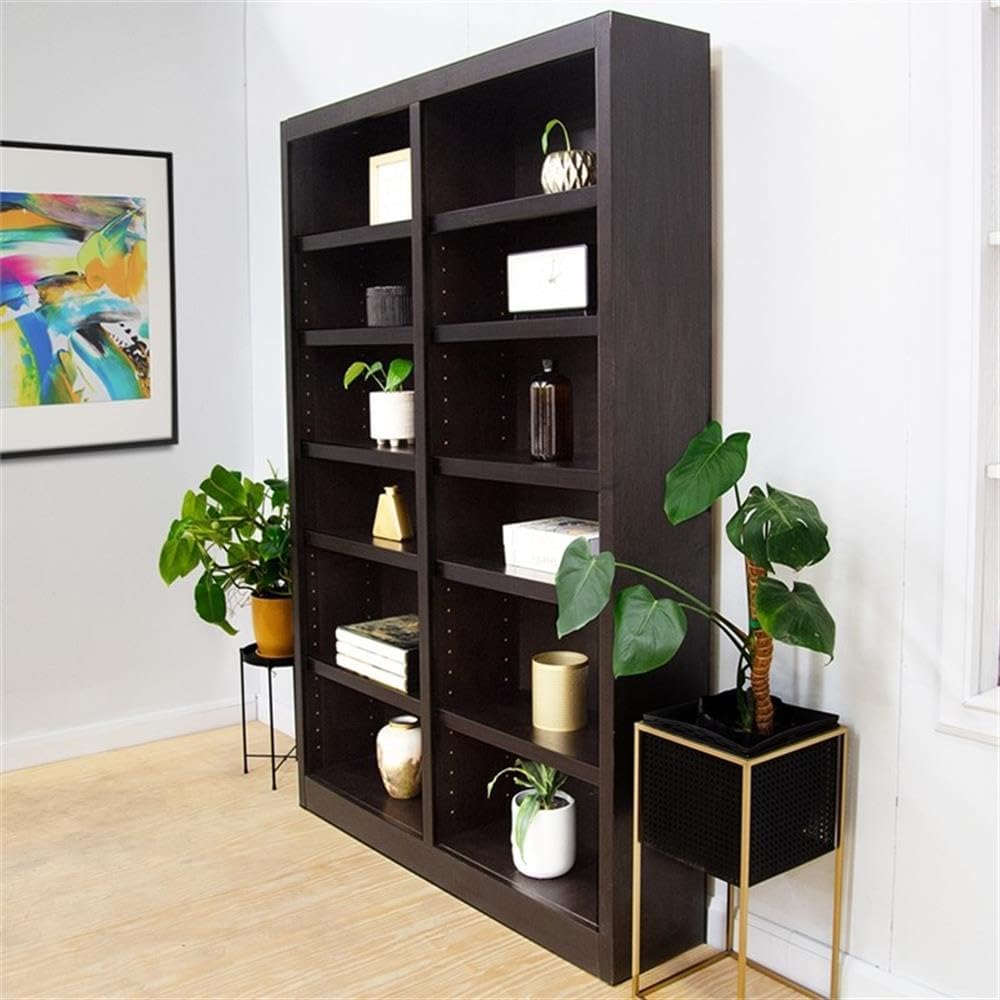BOWERY HILL 84" Traditional Double Wide Wood Bookcase with 10 Adjustable Shelves and 2 Fixed Shelves, Simple Assembly, in Espresso Finish