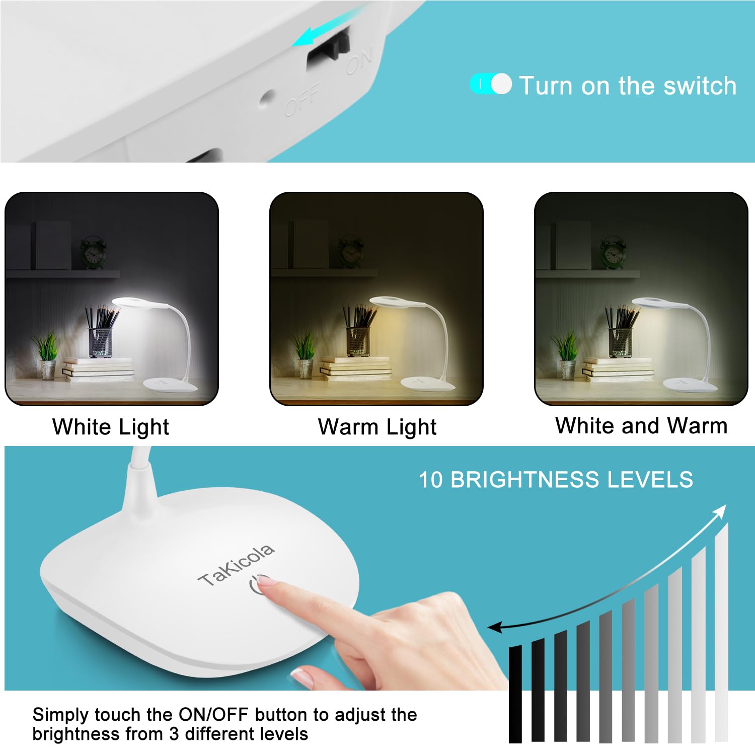 Lámpara de escritorio LED con cuello de cisne flexible, recargable inalámbrica, 3 modos de color, regulable, control táctil continuo, lámpara de mesa portátil para cuidado de los ojos para 3