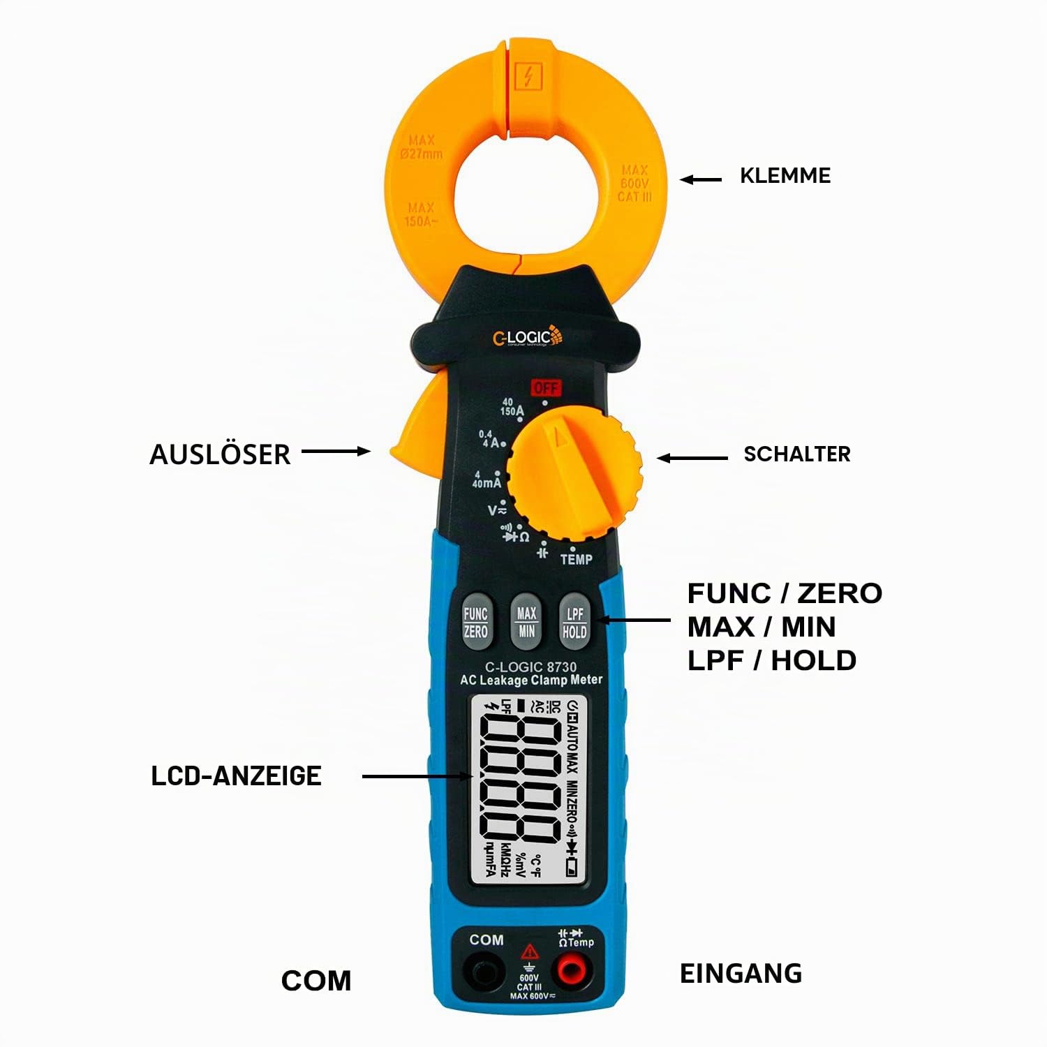 C-LOGIC 8730 Leckstromzange TRMS AC150A und Tiefpassfilter (LPF) AC/DC Spannung Widerstand Kapazität Temperaturbereich AUTO CAT. III 600V