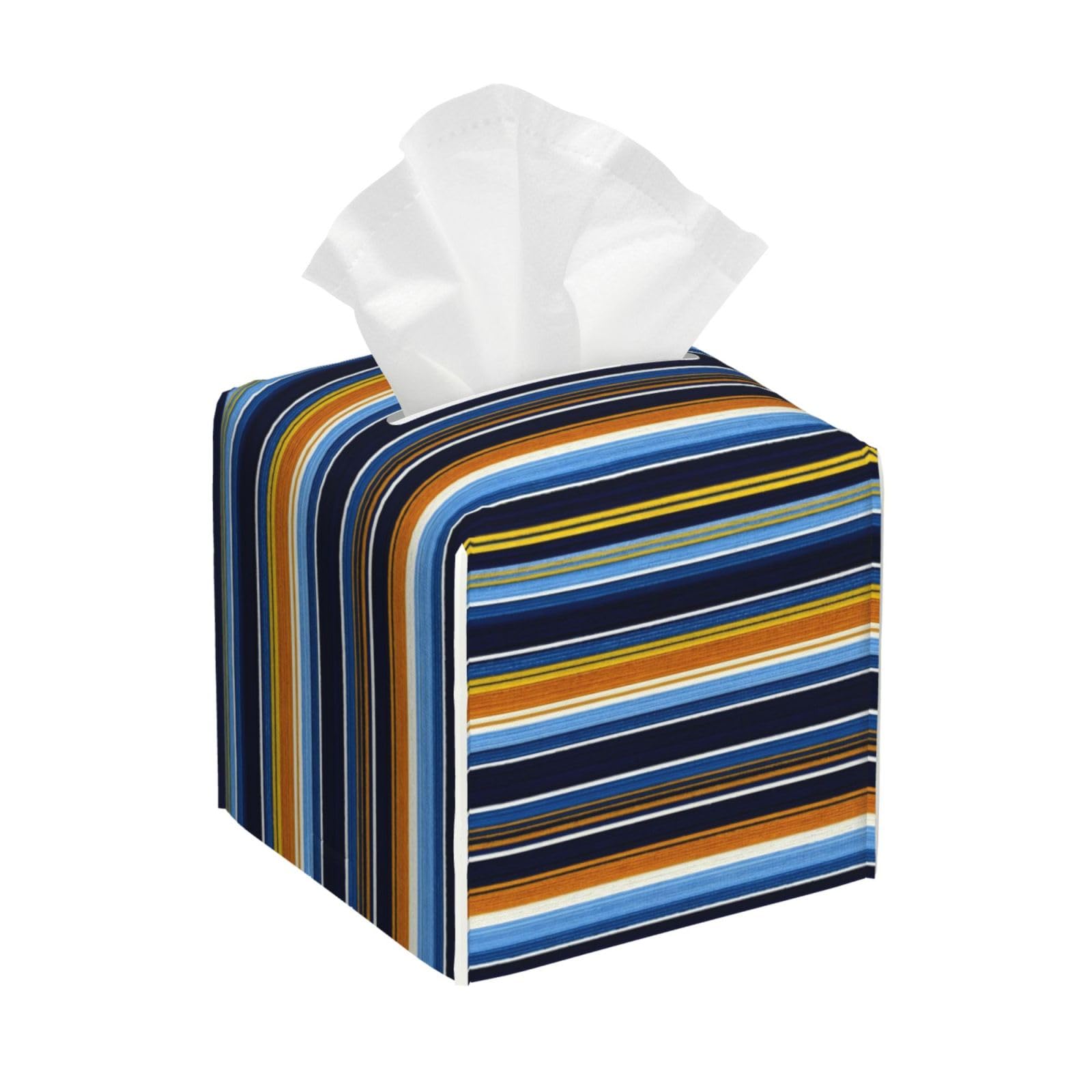 Blue Serape Stripe F Print Tissue Box Cover Holder Square, Foldable Modern Cube Tissue Box Cover, Leather Decorative Organizer for Tabletop Bathroom Car Office Desk Decor