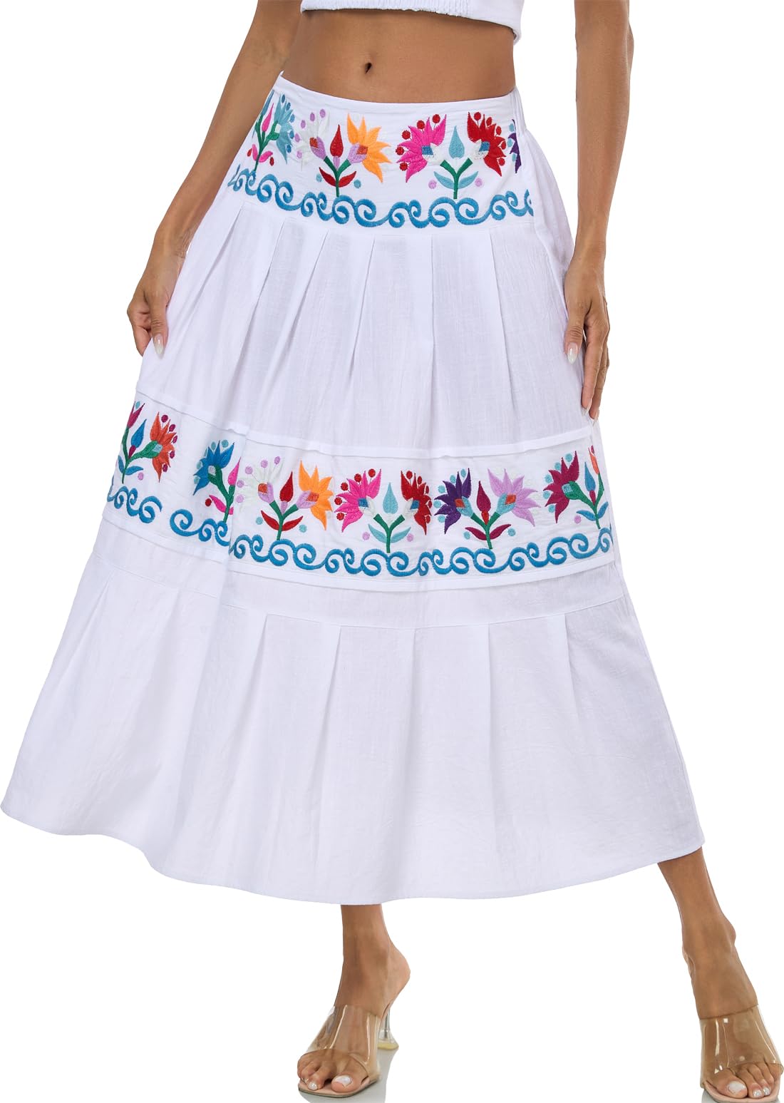 YZXDORWJ Mexikanische Röcke für Damen, Blumenstickerei, Maxirock, traditionelles Kleid, Fiesta-Outfit