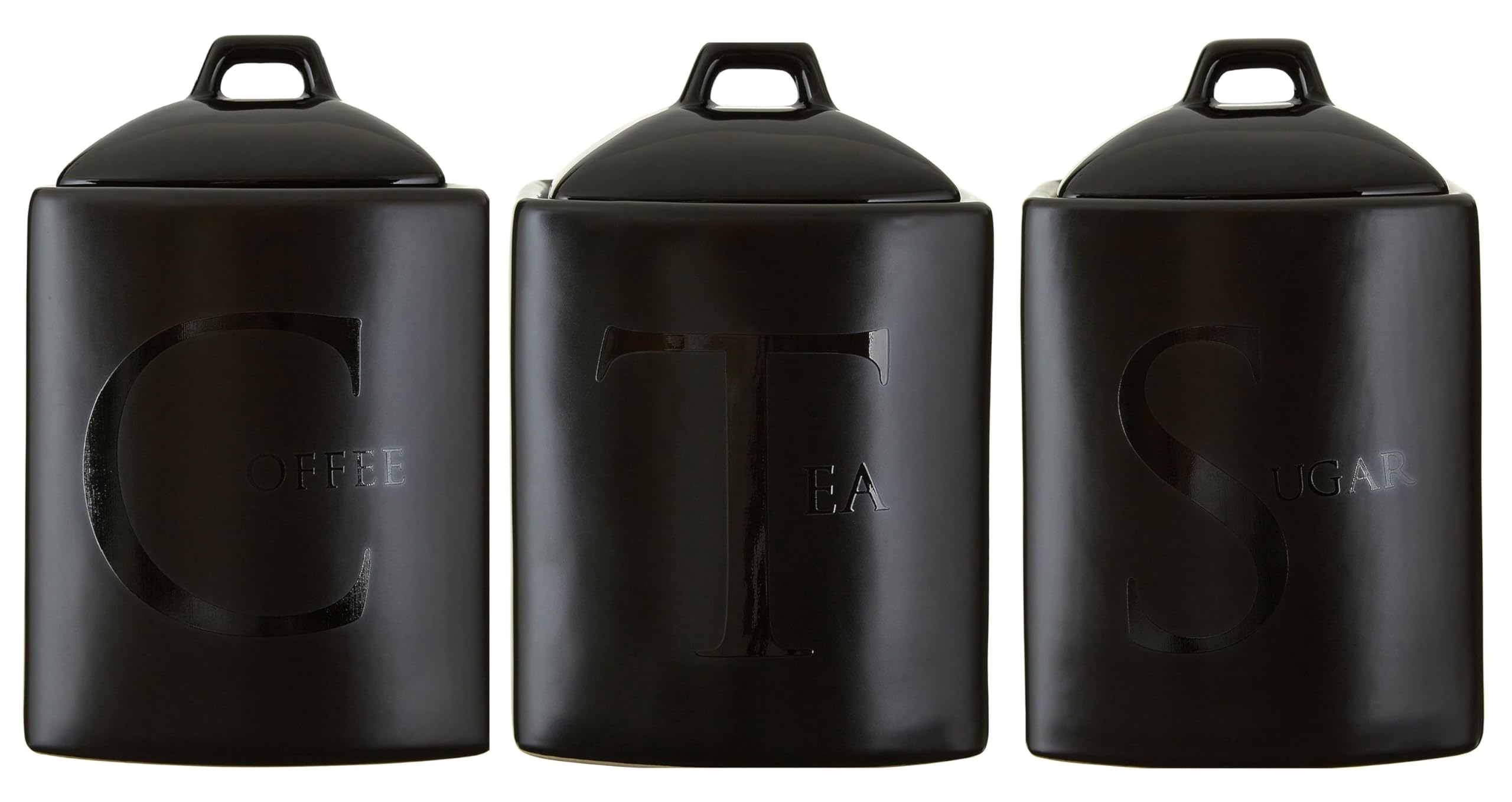 Kitchen Storage Canisters Set of 3, Black Ceramoc Tea Coffee Sugar Containers, Removable Lid with Handle