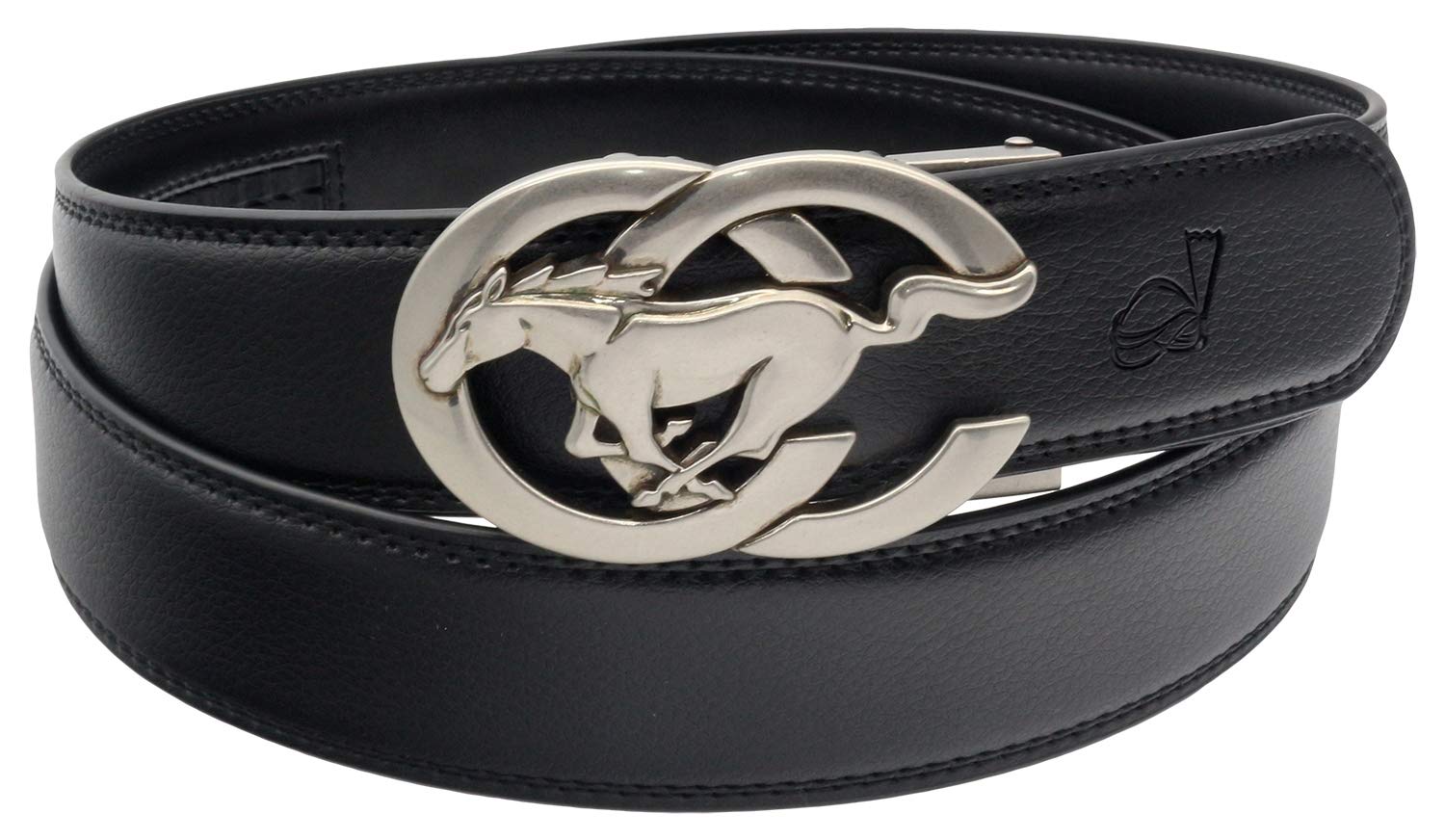 Qha Unisex Silver Black Mens Leather Ratchet Belt Runing Horse Automatic Buckle 35Mm Wide Q27 32"-36"