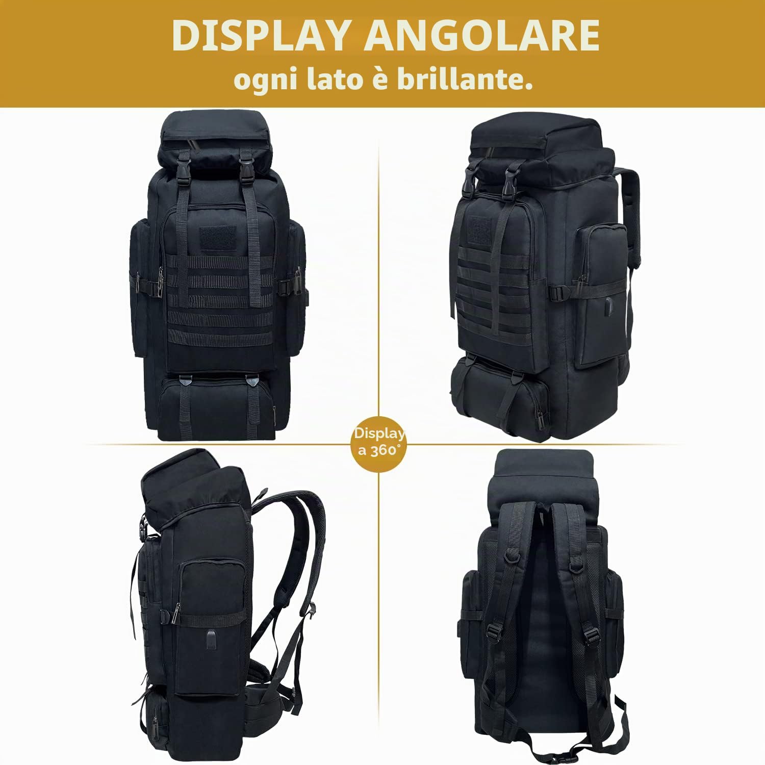 80L Zaino da trekking, Grande Campeggio tattico militare zaino, impermeabile da viaggio Daypack outdoor Molle Zaino per le donne degli uomini (Nero)