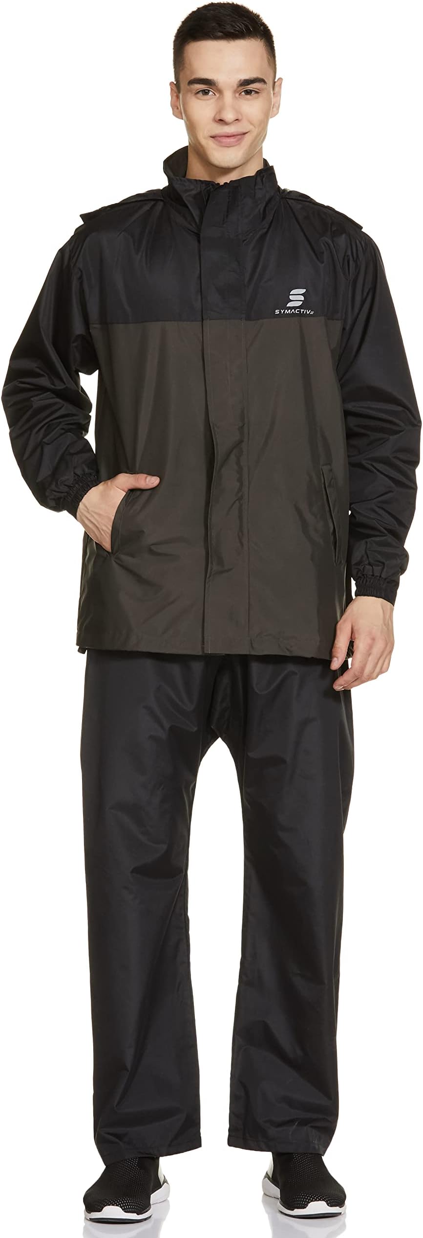 Amazon Brand - SymactiveAmazon Brand - Symactive Polyester Premium Double Layered Streetwear Raincoat with Adjustable Hood, Waterproof Pant and Carry Bag (Unisex, Black, XL)