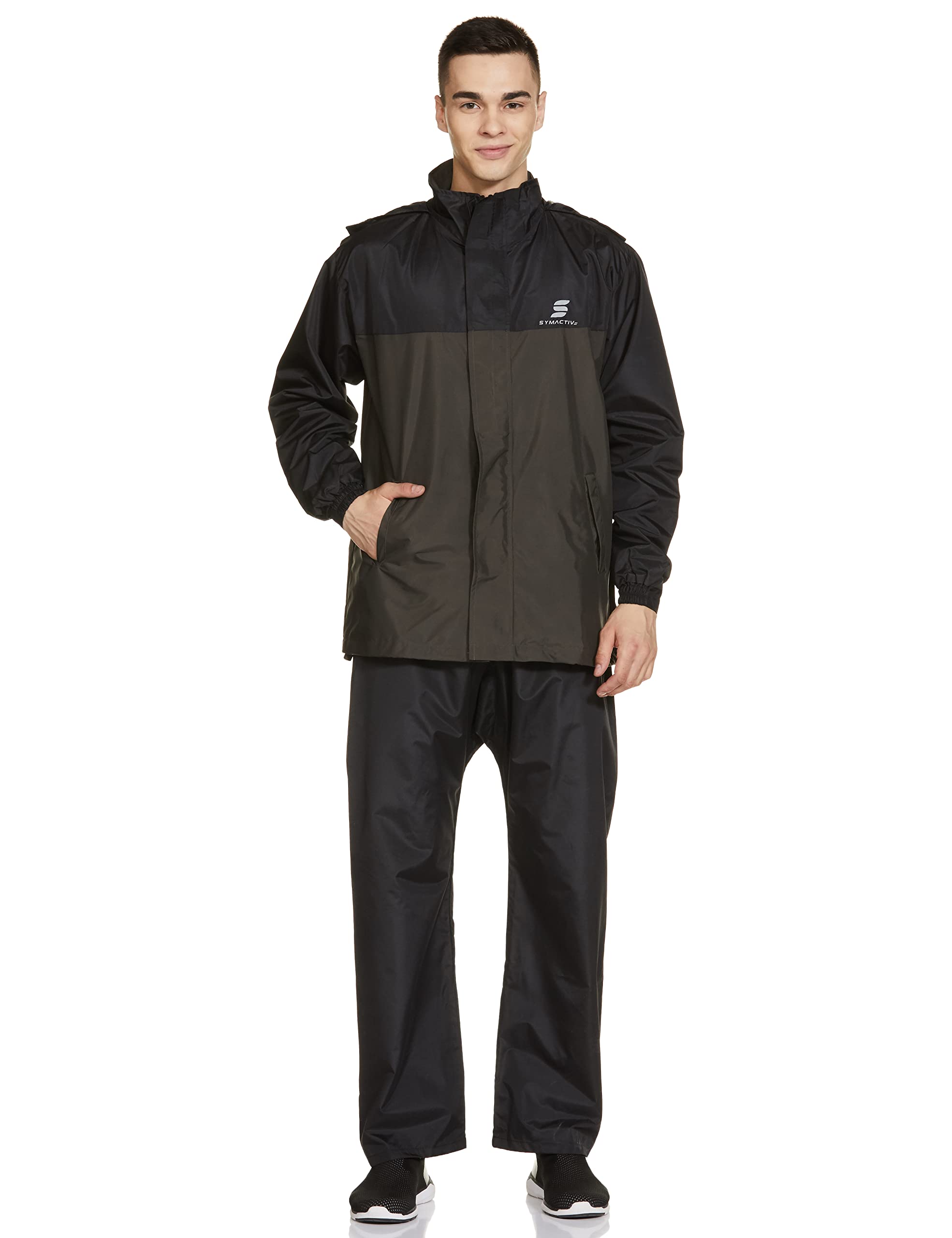 Amazon Brand - SymactiveAmazon Brand - Symactive Polyester Premium Double Layered Streetwear Raincoat with Adjustable Hood, Waterproof Pant and Carry Bag (Unisex, Black, XL)