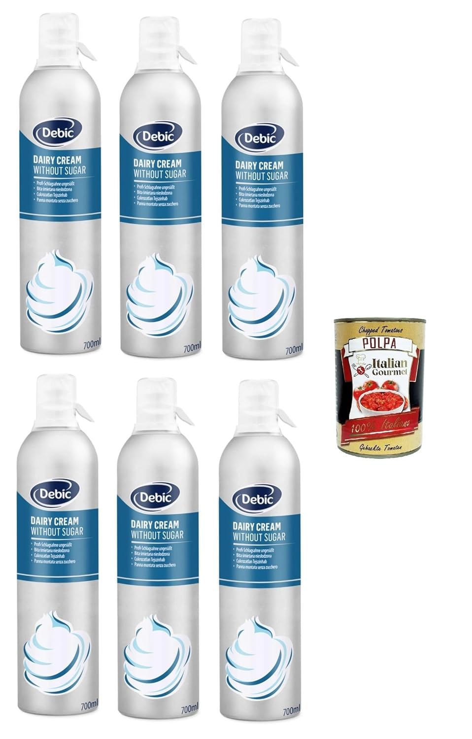 Italian Gourmet Bundle Debic 6x 700ml Crème Chantilly Aérosol Sans Sucre Debic Dairy Cream Professional Topping Dessert Café Pâtisserie Mousse Gâteau Garniture Stable + Italian Gourmet Polpa