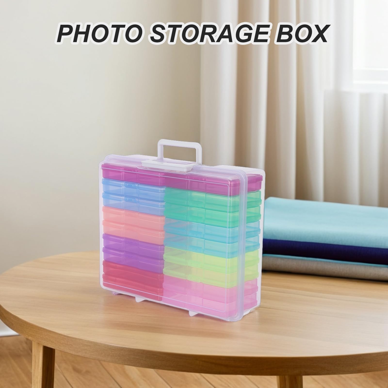 Generisch Transparente Fotoaufbewahrungsbox aus Kunststoff mit 18 Farbigen Innentaschen und Griff Leichter Organizer für Karten und Bastelbedarf für Zuhause und Büro