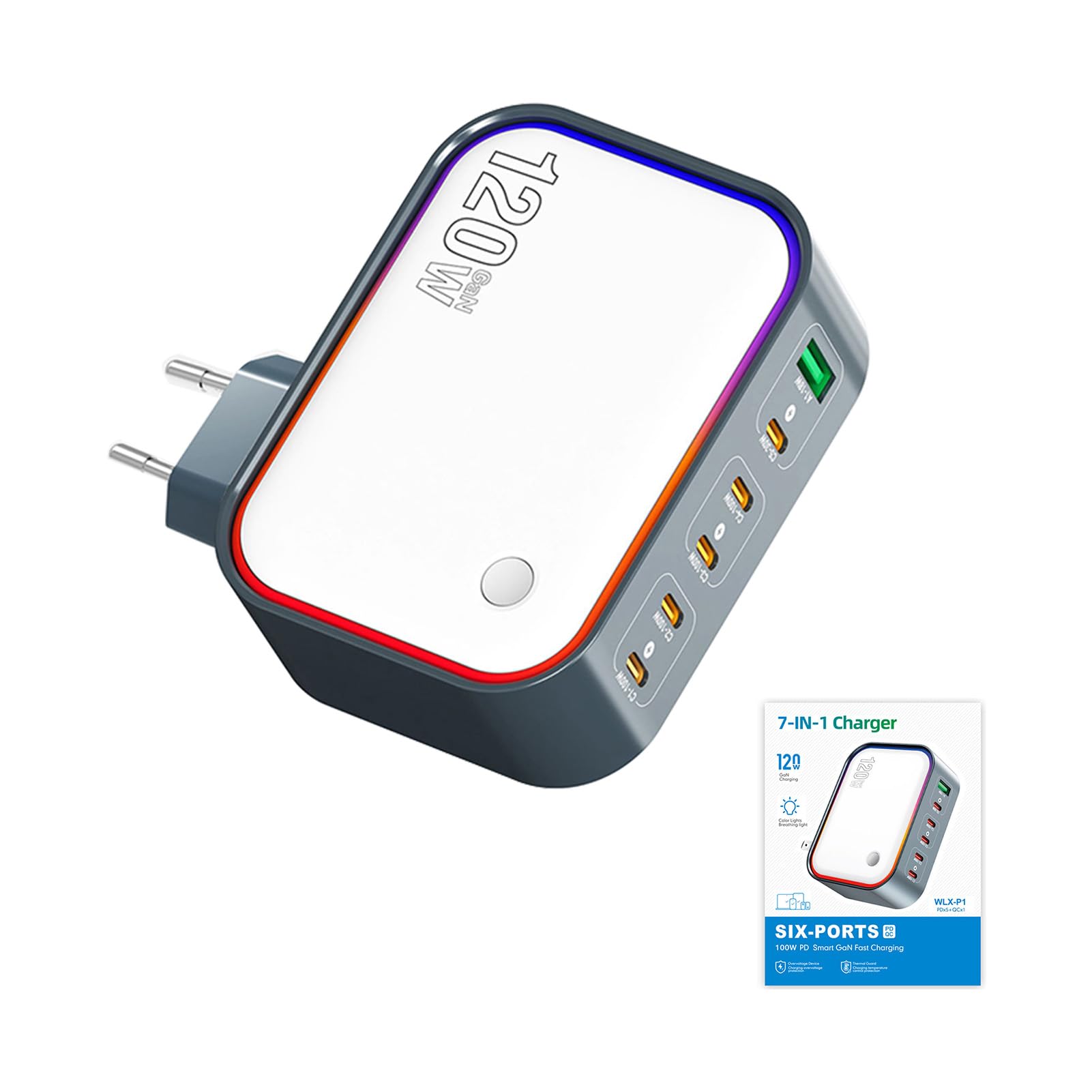Fockety Ładowarka USB C 120 W, 6-portowy Blok ładowarki GaN do Wielu urządzeń, Kompaktowy Zasilacz GaN do Szybkiego ładowania, Stacja ładująca do Laptopów, Tabletów i Telefonów (Wtyczka amerykańska)