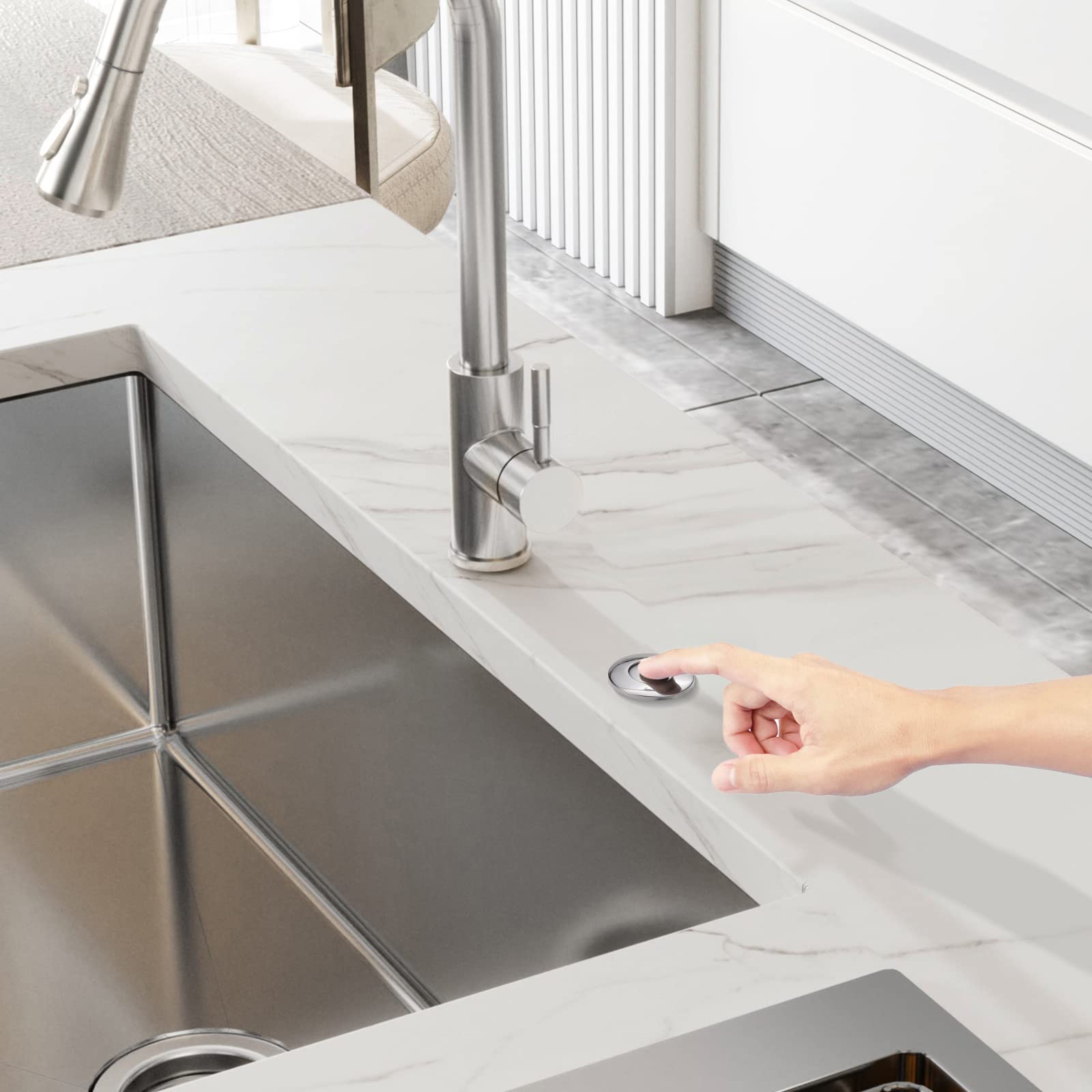 RQYEKDO Interruptor de aire de 6.35 cm para triturador de basura, parte superior larga de acero inoxidable cepillado níquel largo para eliminación de alimentos y residuos, botón de aire de