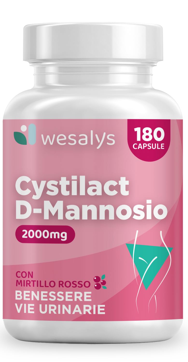 D Mannosio Puro 2000mg | Cistite, CYSTILACT® - 180 CAPSULE con Mirtillo Rosso, Probiotici ed Acido ialuronico | per il benessere delle Vie Urinarie | 100% Vegan, Wesalys