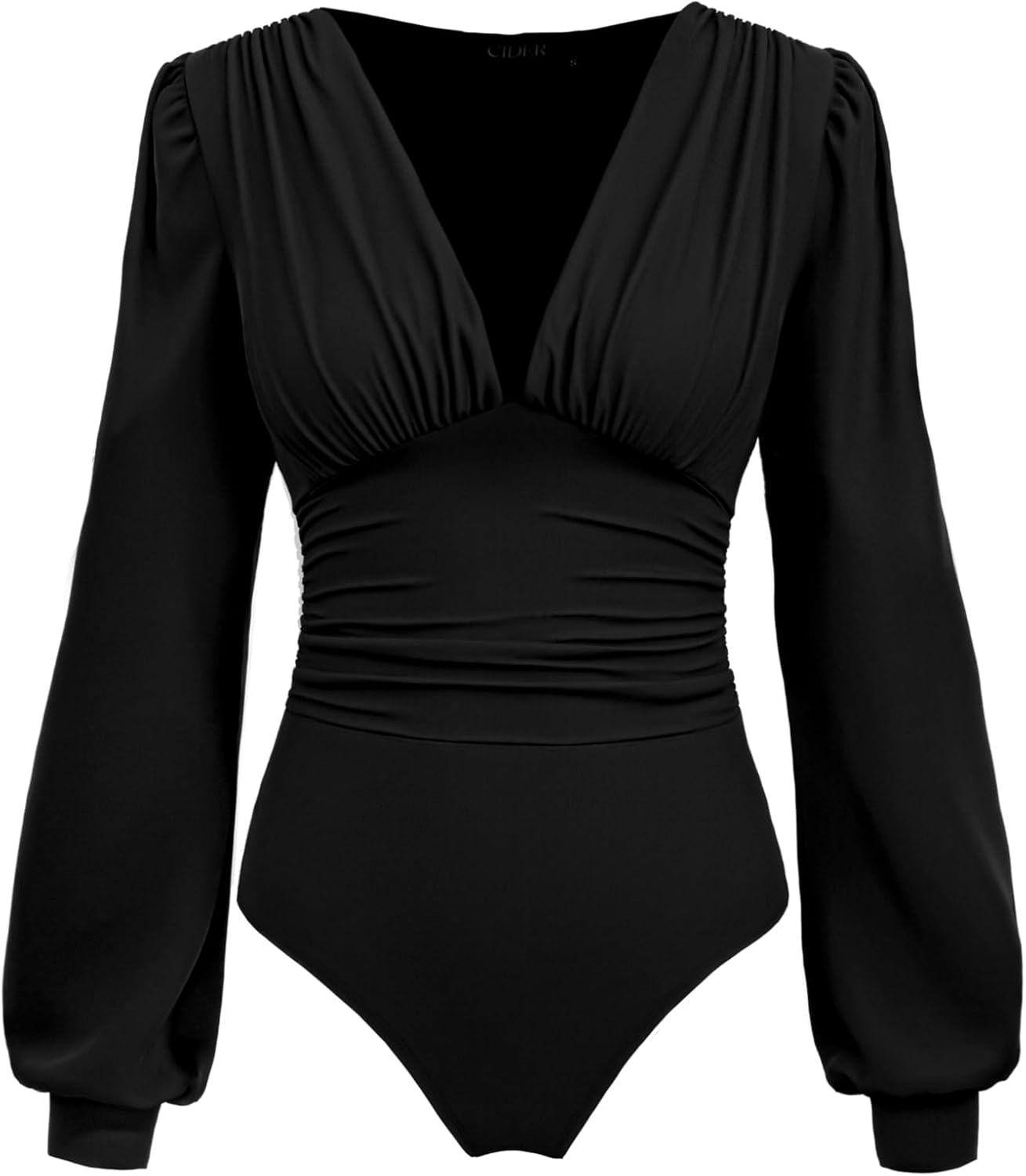 CIDER Long Sleeve Body Suits Womens V Neck Bodysuits Ruched Pleated Corset Bodysuit Leotard Trendy