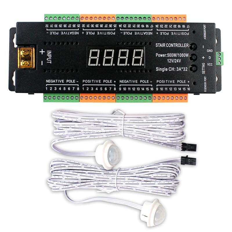 Image of Jackal 32 Channel LED Stair Light Controller with PIR Motion Display Sensor, DC 12V /24V Staircase Lighting System, Sequential Step Lights, 4 Modes, Adjustable Speed & Brightness