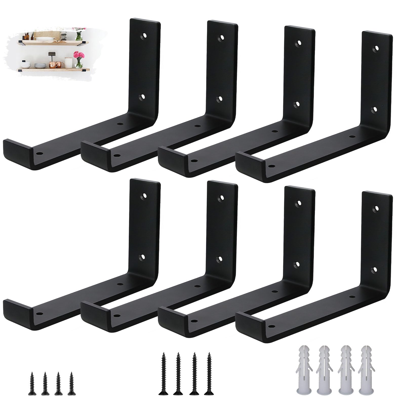 VTOPVMAX Scaffold Board Shelf Brackets 8 Pack - 5mm Thick Steel Heavy Duty Shelf Supports with Lips for 8 x 4 Inch (20cm x 10cm), Industrial Rustic Black Wall Shelf Brackets Kit