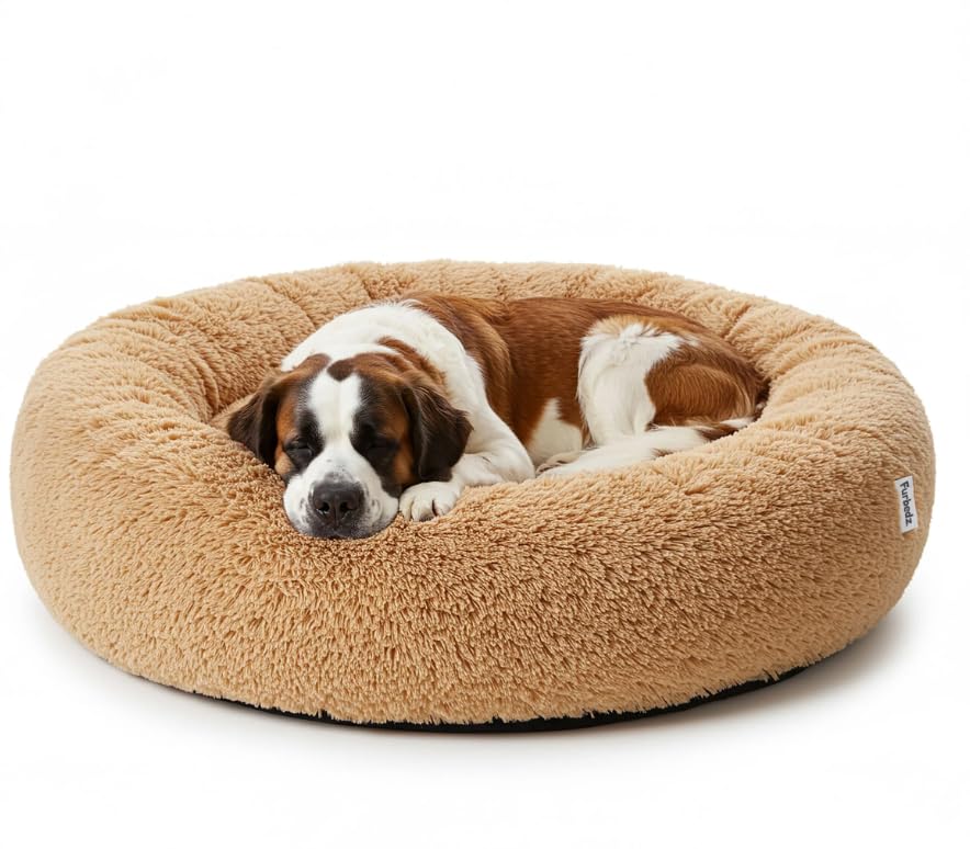 Furbedz - Anti-stress Dog Bed, Washable, Removable Cover, Ultra-Soft Plush, Memory Foam, Waterproof Base (Beige, XL (120 cm))