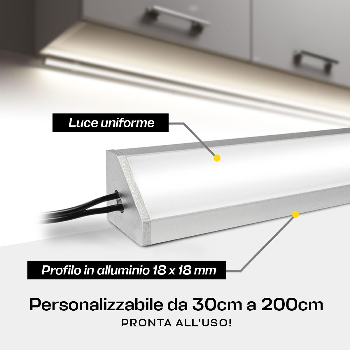 Barretta a Led Angolare con Misura Personalizzabile da 30cm a 200cm - Lampada LED per sottopensili piano cottura scrivania e piano di lavoro - Dimmerabile (180 cm, Luce Naturale 4000K)